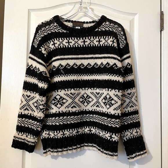 Joseph Abboud Chunky Knit Fair Isle Crewneck Sweater Black Cream Size S Wool - Picture 6 of 12